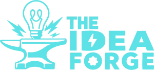 Idea forge logo blue horizontal anvil with sparks and light bulb