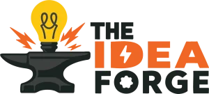 Idea forge logo full color horizontal anvil with sparks and light bulb