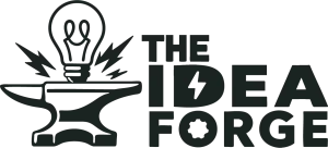 Idea forge logo black horizontal anvil with sparks and light bulb