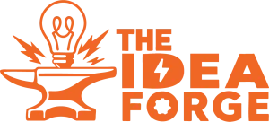 Idea forge logo orange horizontal anvil with sparks and light bulb