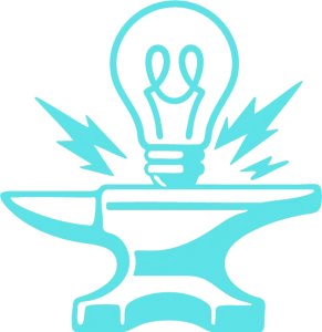 Idea forge logo blue just image anvil with sparks and light bulb