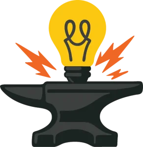 Idea forge logo full color just image anvil with sparks and light bulb