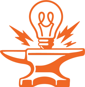 Idea forge logo orange just image anvil with sparks and light bulb
