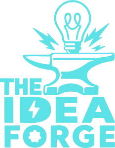 Idea forge logo blue stacked anvil with sparks and light bulb