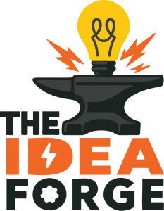 Idea forge logo full color stacked anvil with sparks and light bulb