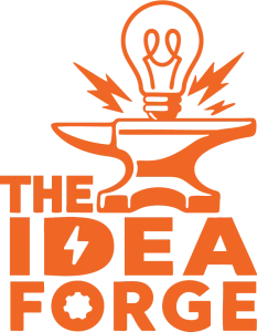 Idea forge logo orange stacked anvil with sparks and light bulb