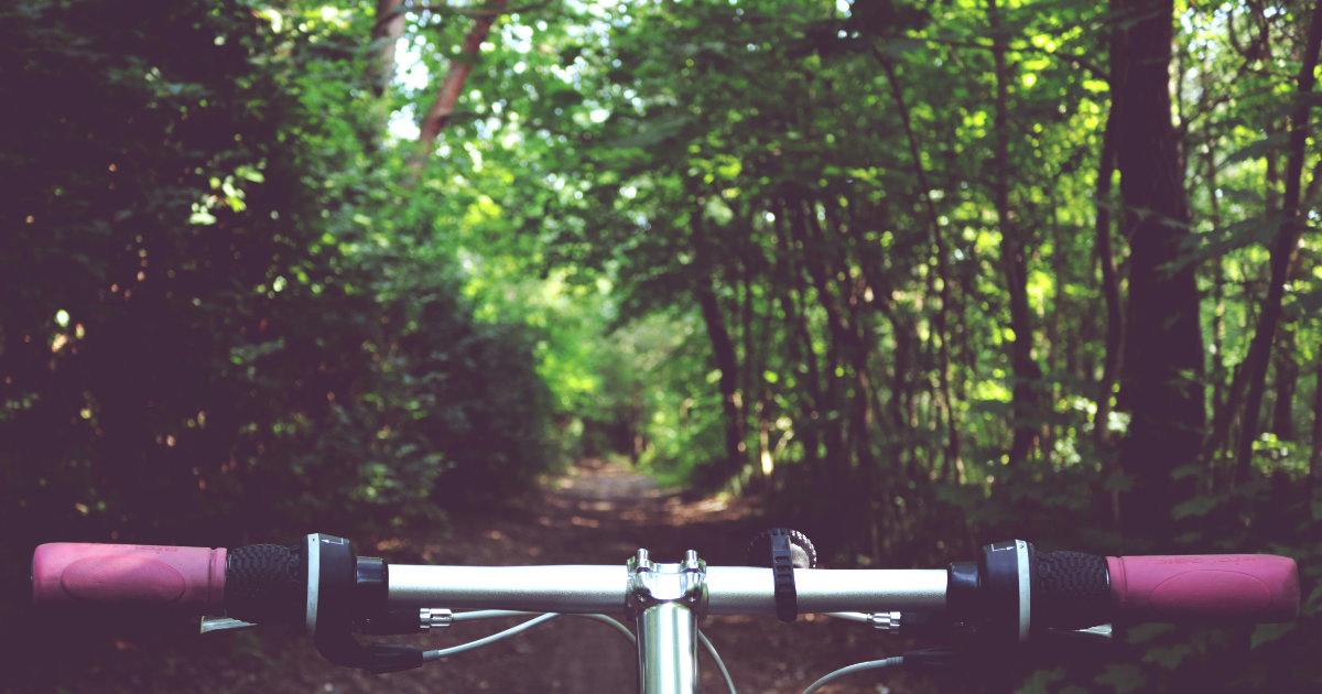 pair of handlebars of a bicycle in focus and a trail to be ridden on soon out of focus in the background Adventure Cycling the Airline