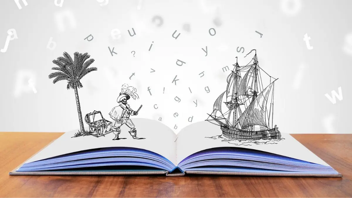 an open book with jumbled letters scattered above with a black ink drawing of skeleton fencer with treasure facing a pirate ship coming out of the pages of a book Finding Stories