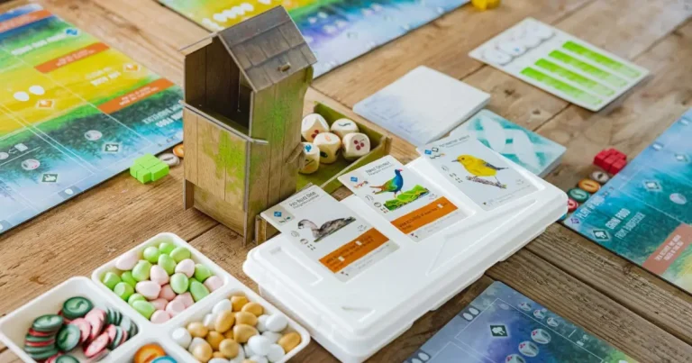 Wingspan and Crafts Making Bird Feeders and Playing Wingspan Game tokens and bird cards with a small dice holder on a table for the board game