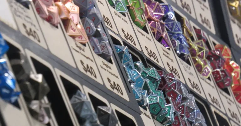 The Life Room Dungeons and Dragons Campaign at Project Imo wall of many sided dice of varying colors