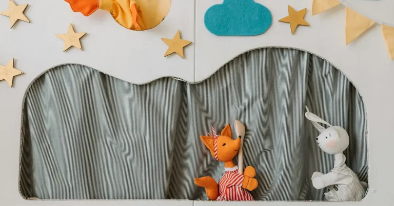 Tiny Theaters Puppets and Mini Stages Steam futures workshop series a fox and bunny puppet in a backdrop display with stars in the sky