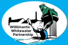 Willimantic Whitewater Partnership Logo with a green frog sitting on a spool and a person in blue in a kayak